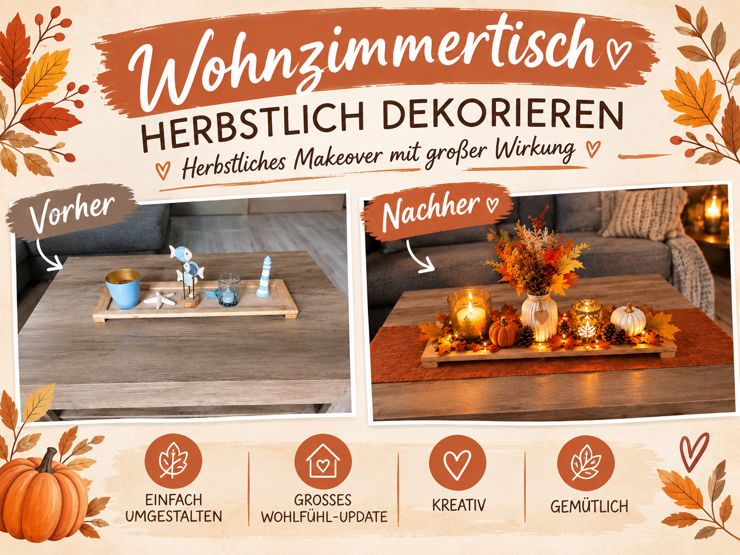 🍂 Wohnzimmertisch herbstlich dekorieren – ein kleines Makeover mit großer Wirkung
